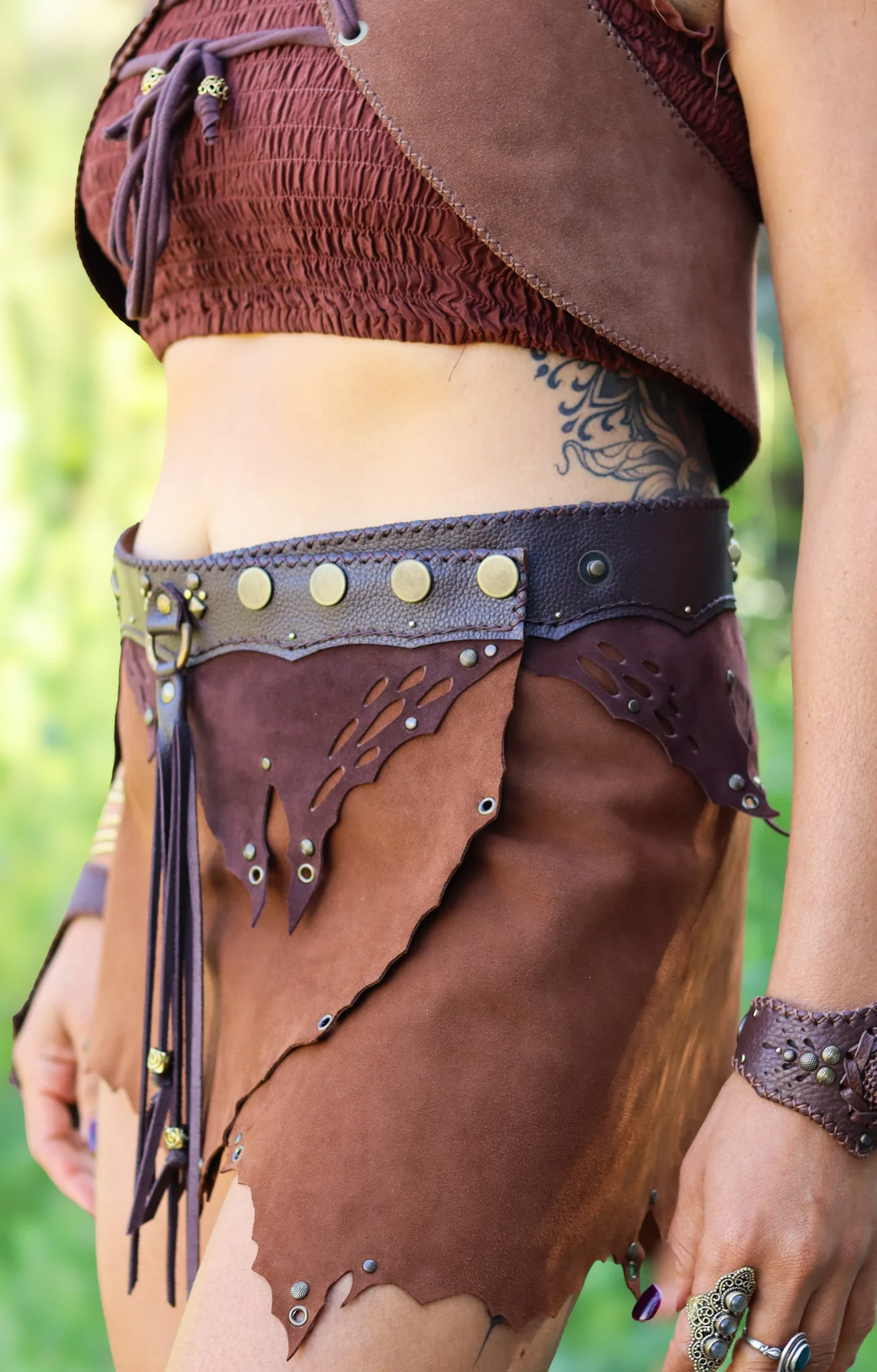 OONA Mini Skirt · Handcrafted Leather Skirt with Red Jasper | Siga Tribal