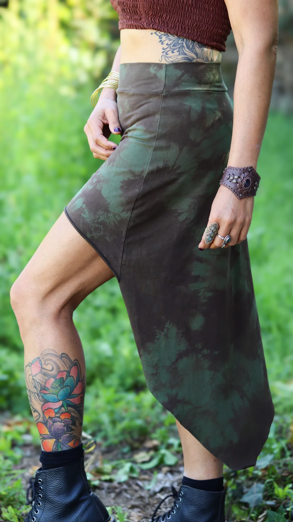 MOSSERA Skirt hand-dyed green and brown asymmetrical cotton skirt by Siga Tribal