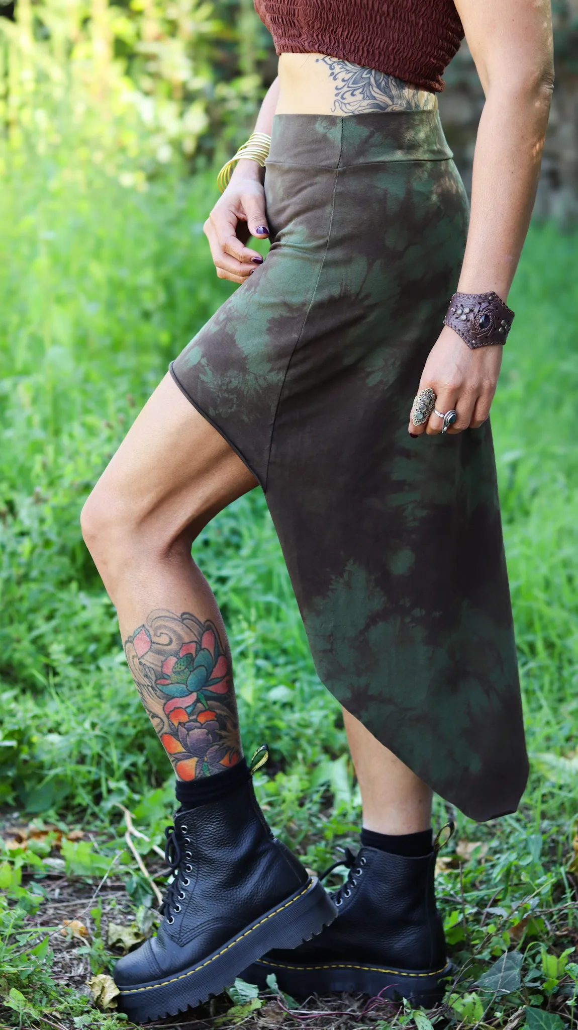 MOSSERA Skirt hand-dyed green and brown asymmetrical cotton skirt by Siga Tribal