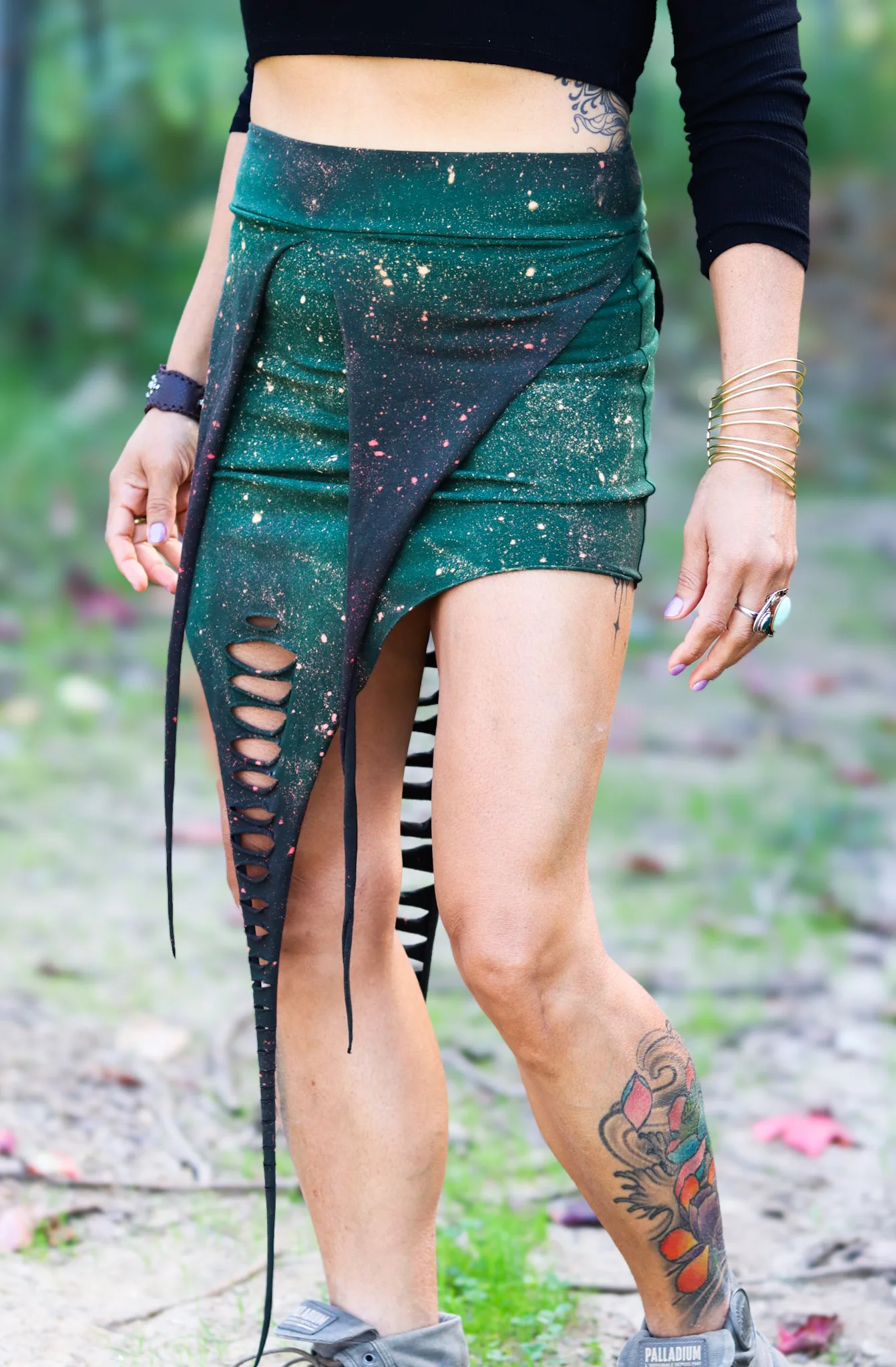 Forest Pixie Skirt by Siga Tribal — green hand-dyed asymmetrical skirt with tribal cutouts, handmade in Portugal.