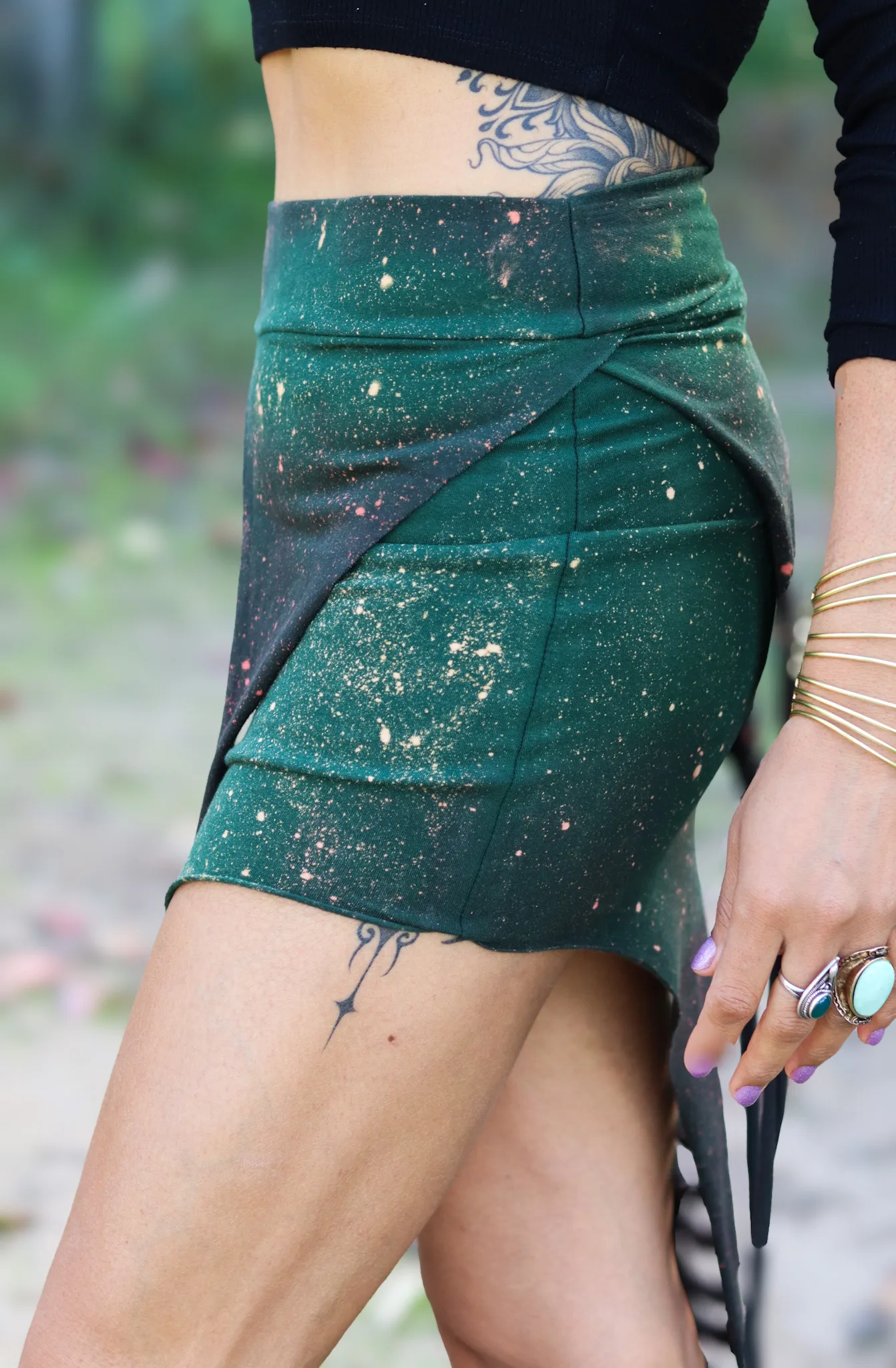 Forest Pixie Skirt by Siga Tribal — green hand-dyed asymmetrical skirt with tribal cutouts, handmade in Portugal.