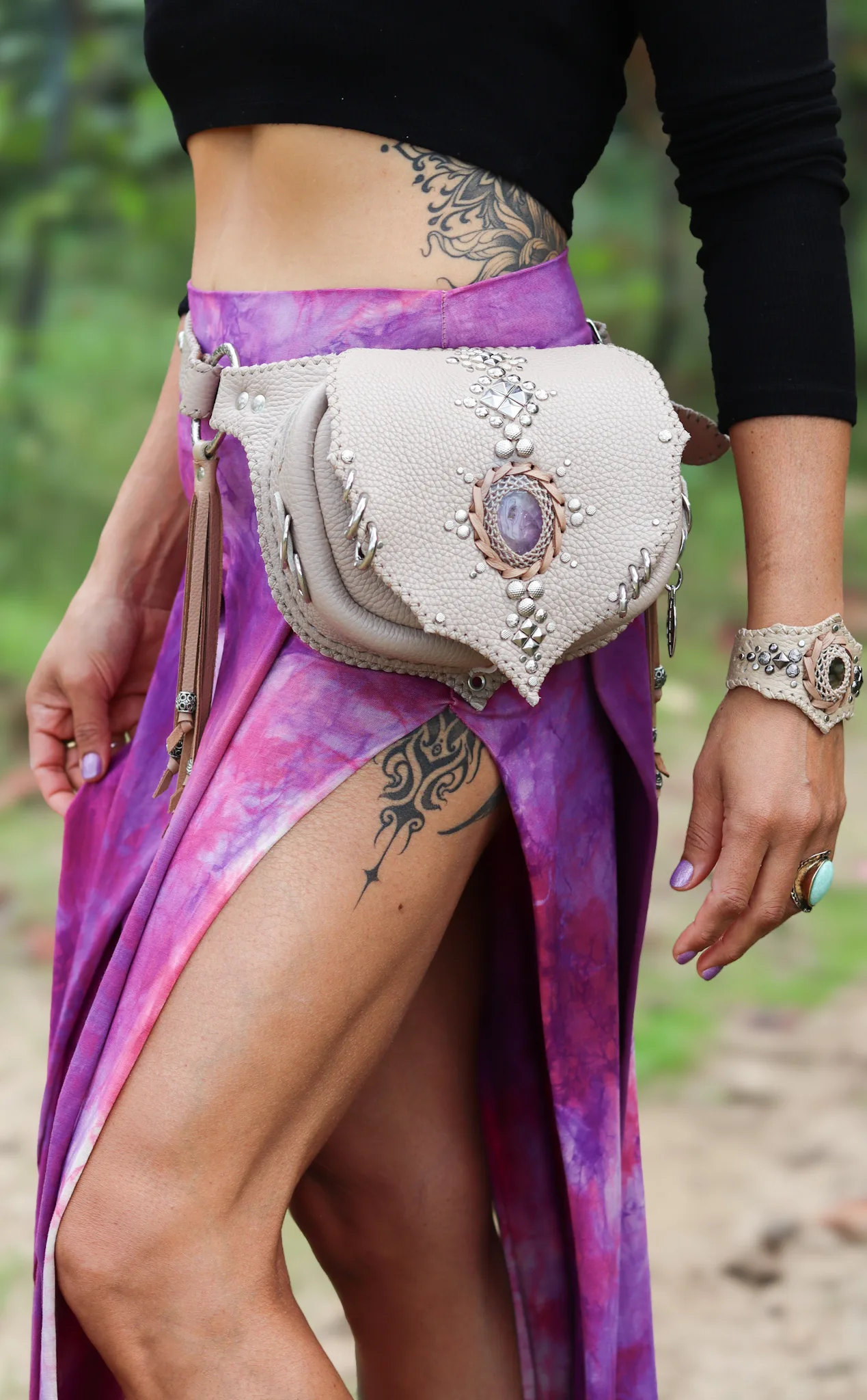 Artisan beige belt bag with gemstone and braided edges by Siga Tribal.