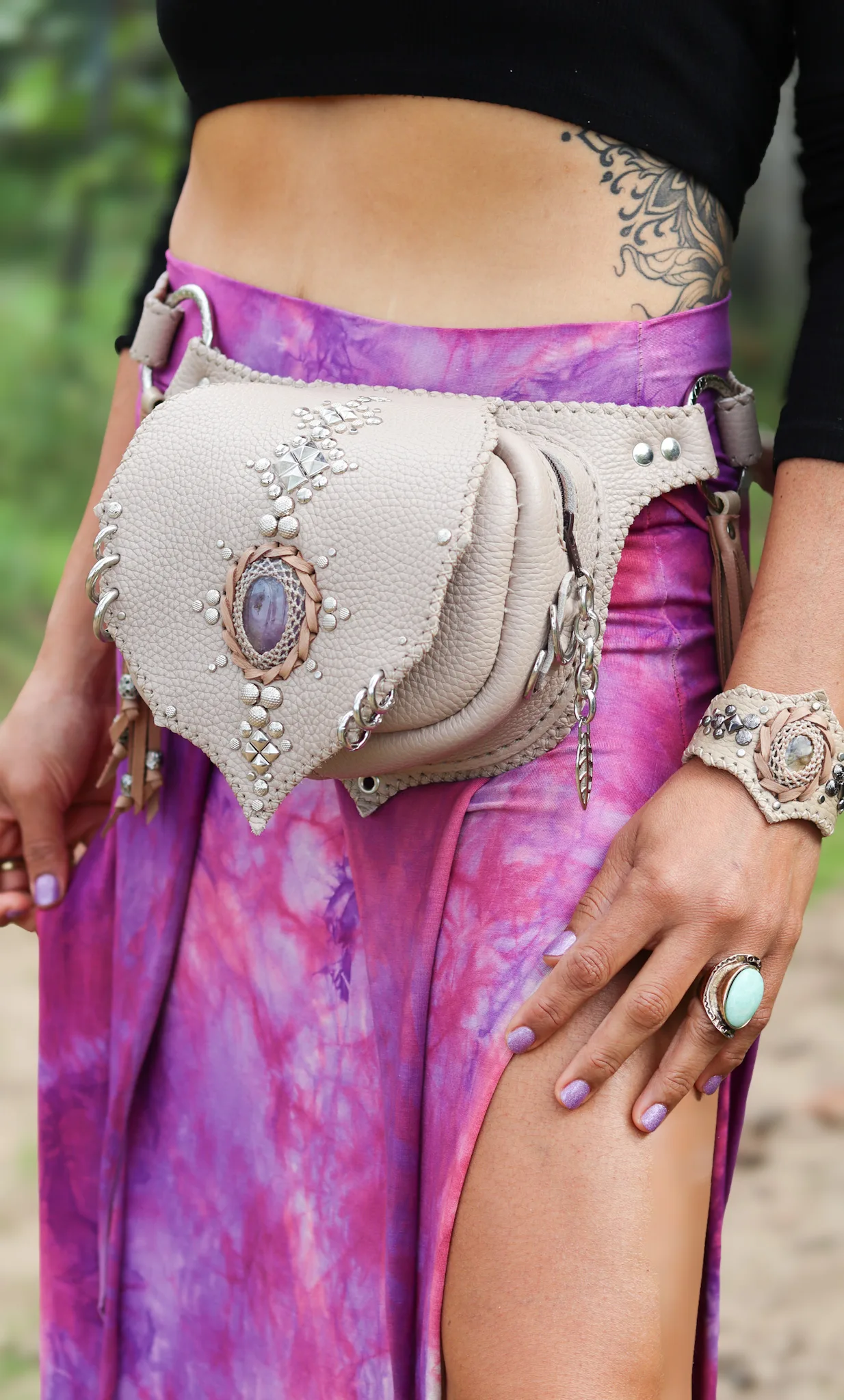 Artisan beige belt bag with gemstone and braided edges by Siga Tribal.
