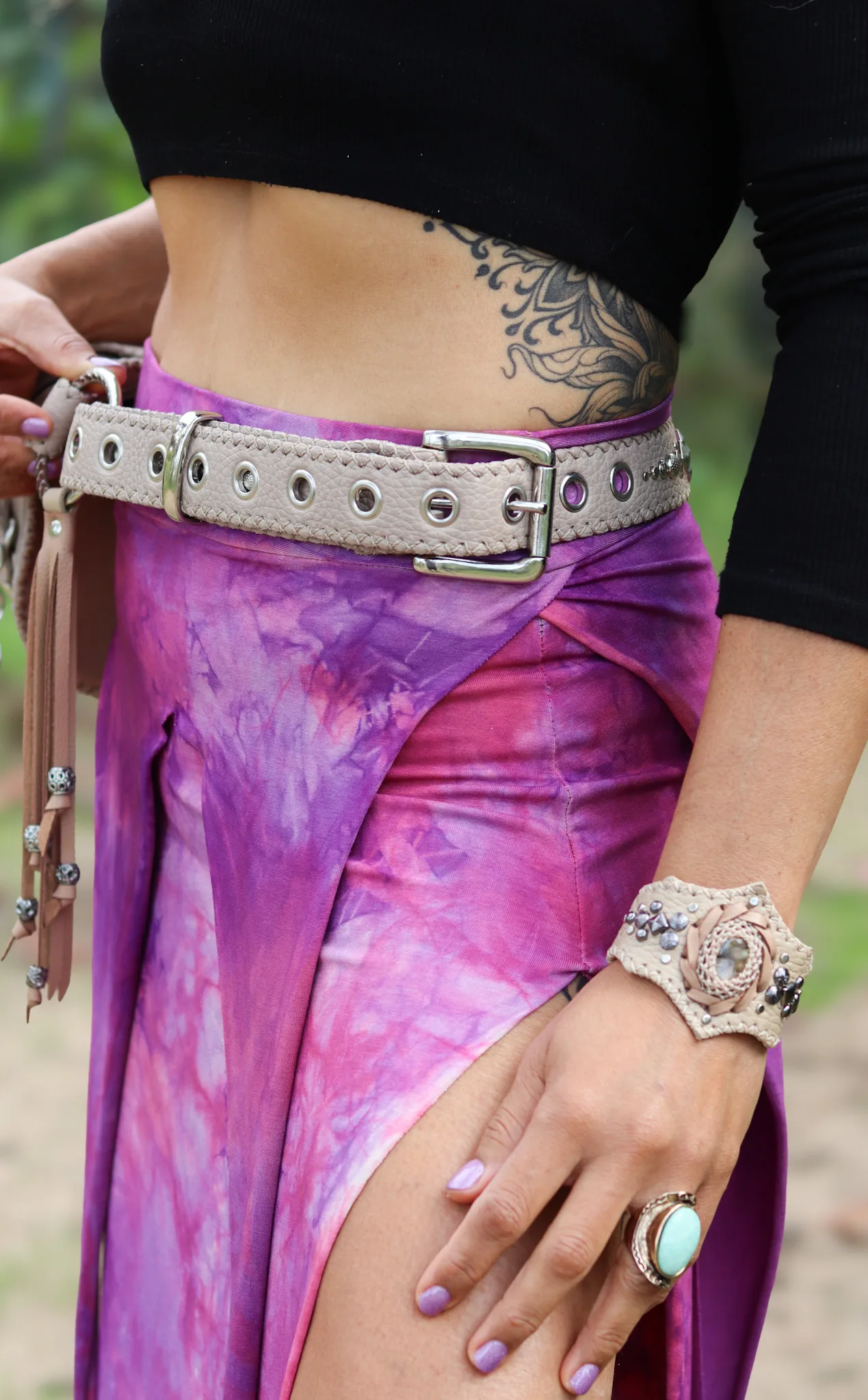 Artisan beige belt bag with gemstone and braided edges by Siga Tribal.