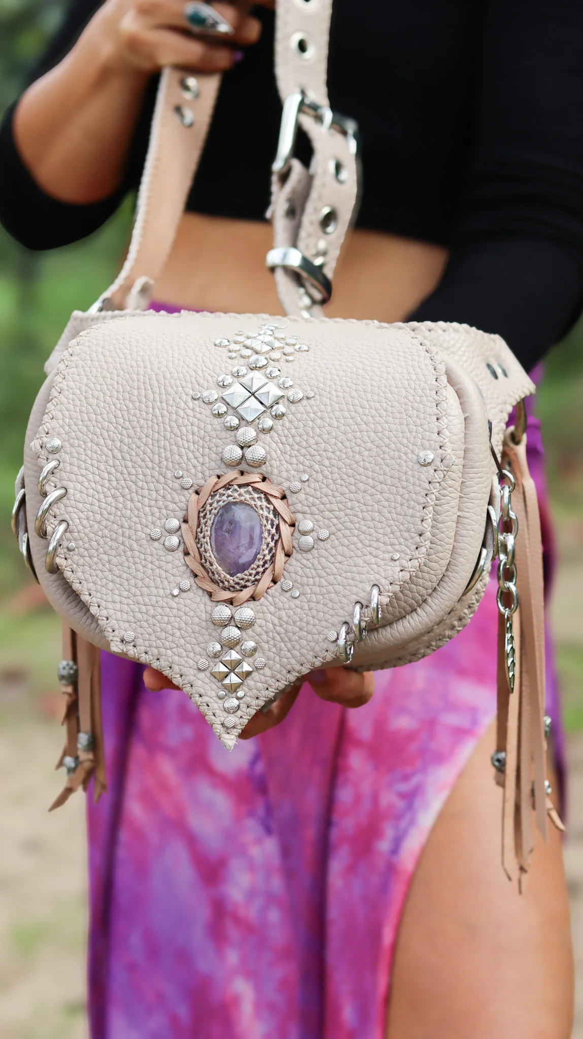 Artisan beige belt bag with gemstone and braided edges by Siga Tribal.