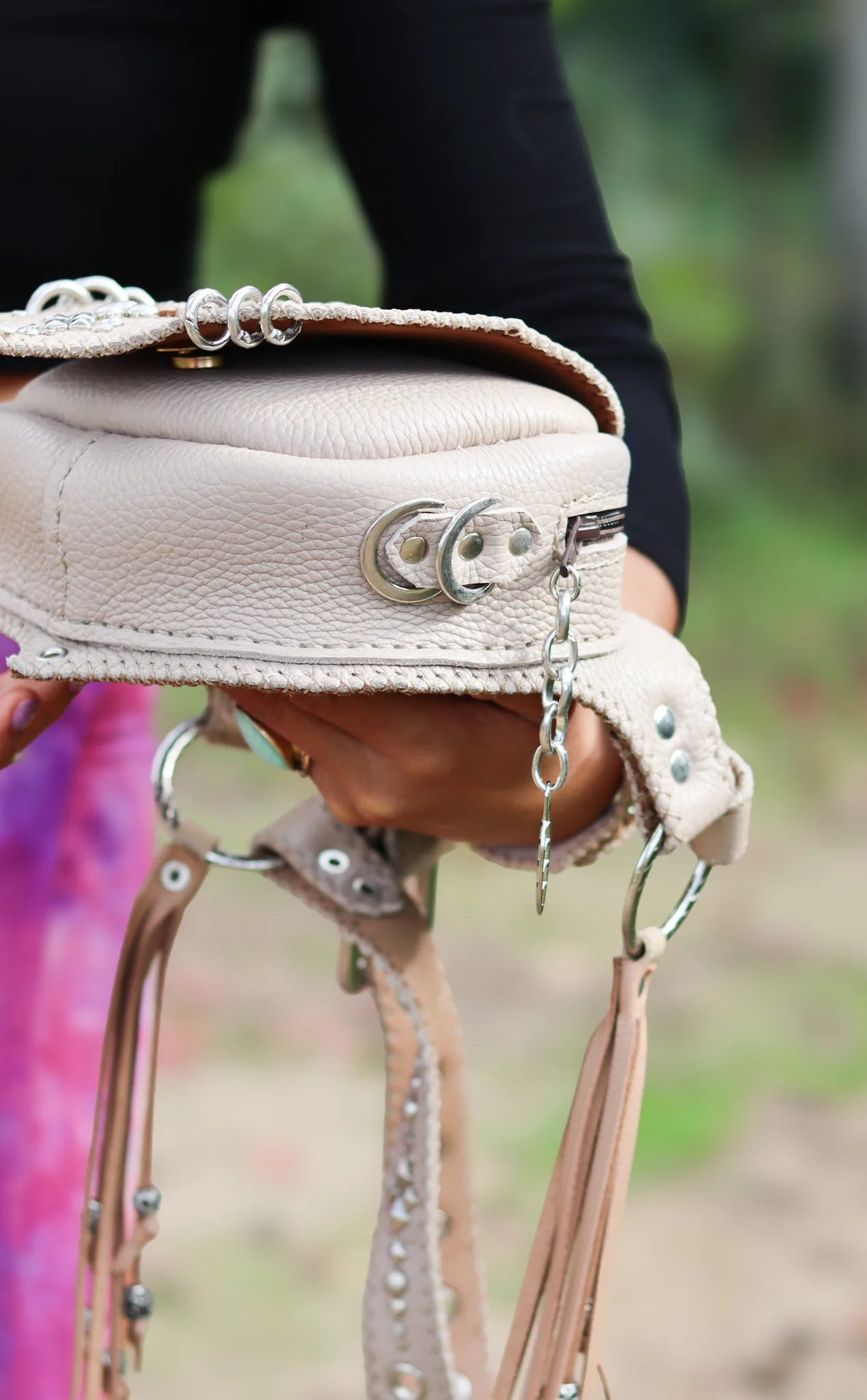 Artisan beige belt bag with gemstone and braided edges by Siga Tribal.