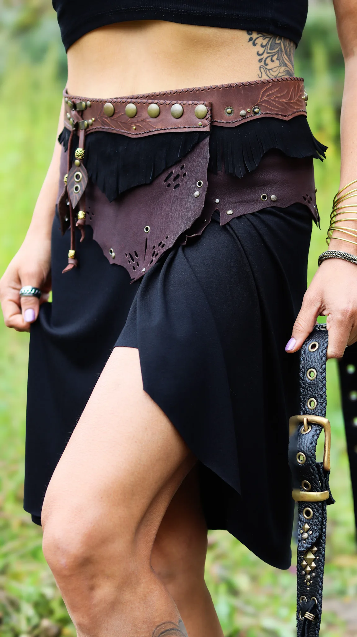 GAIA Belt Skirt handmade layered leather design with Tiger Eye gemstone by Siga Tribal