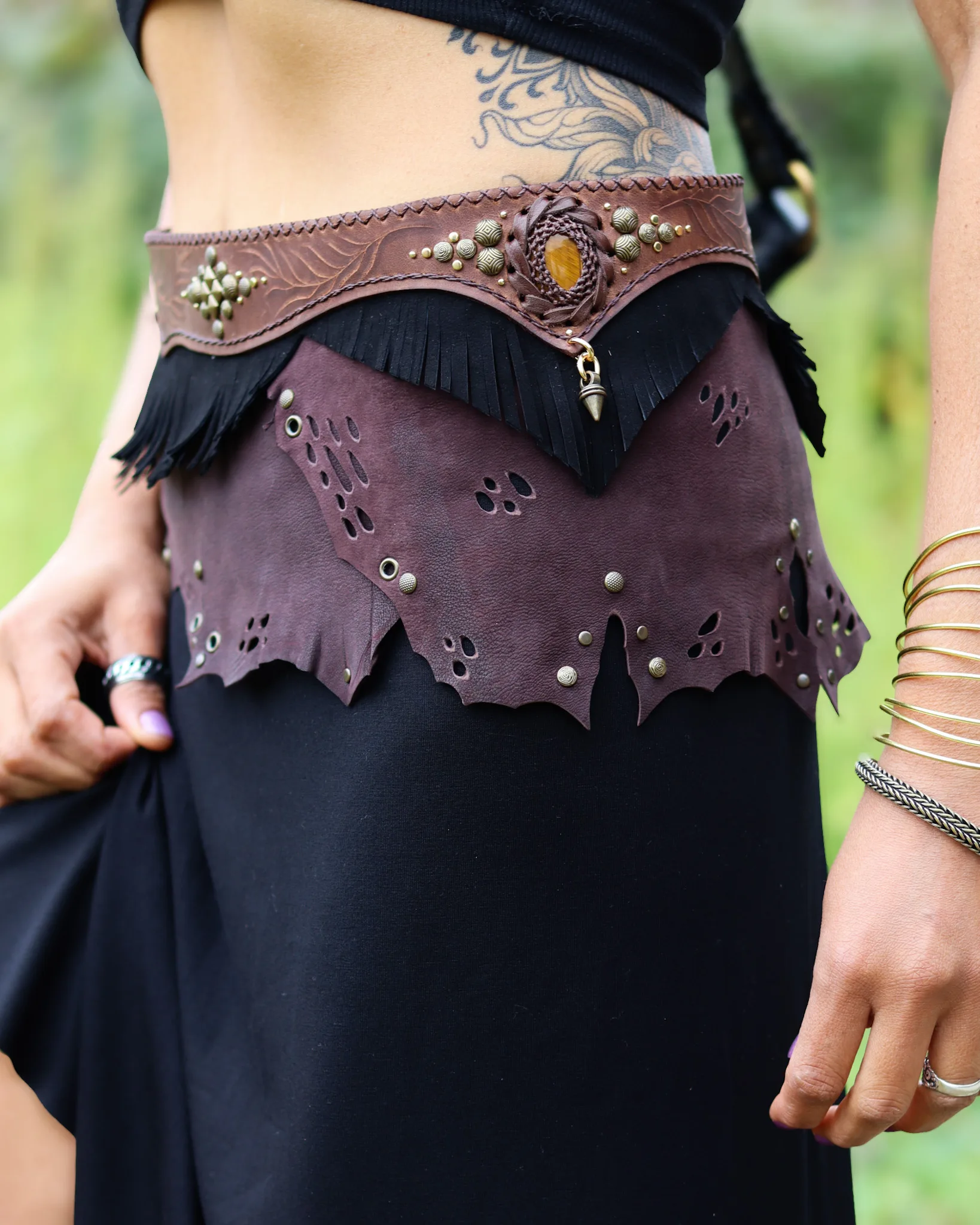 GAIA Belt Skirt handmade layered leather design with Tiger Eye gemstone by Siga Tribal