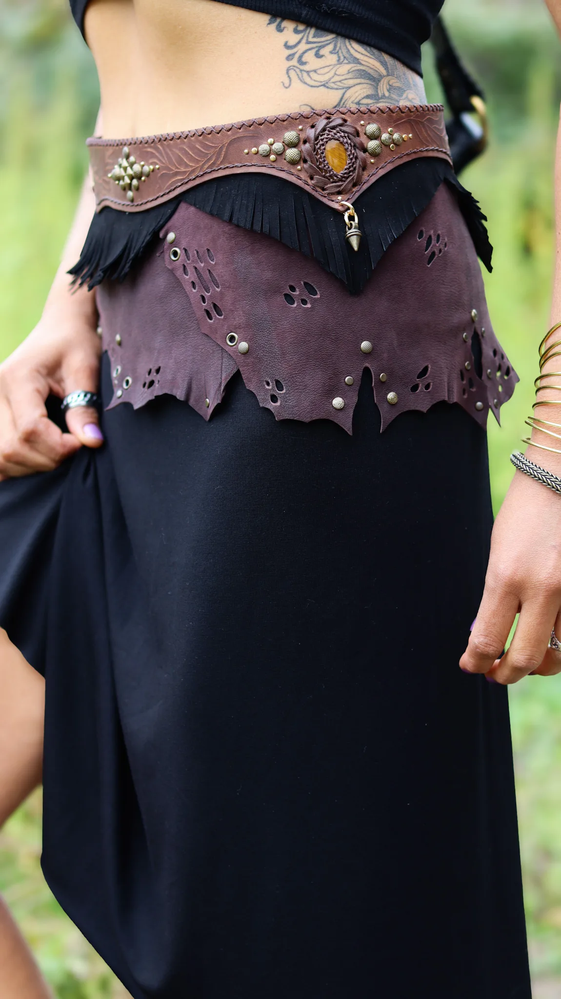GAIA Belt Skirt handmade layered leather design with Tiger Eye gemstone by Siga Tribal