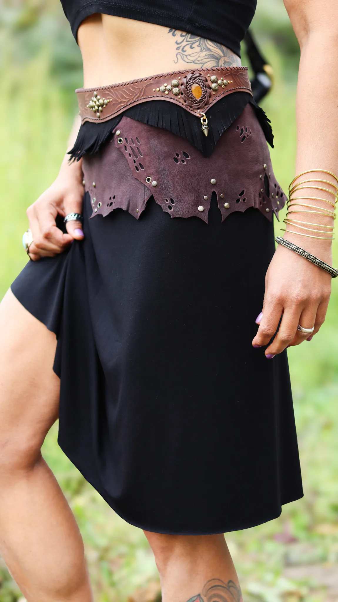 GAIA Belt Skirt handmade layered leather design with Tiger Eye gemstone by Siga Tribal