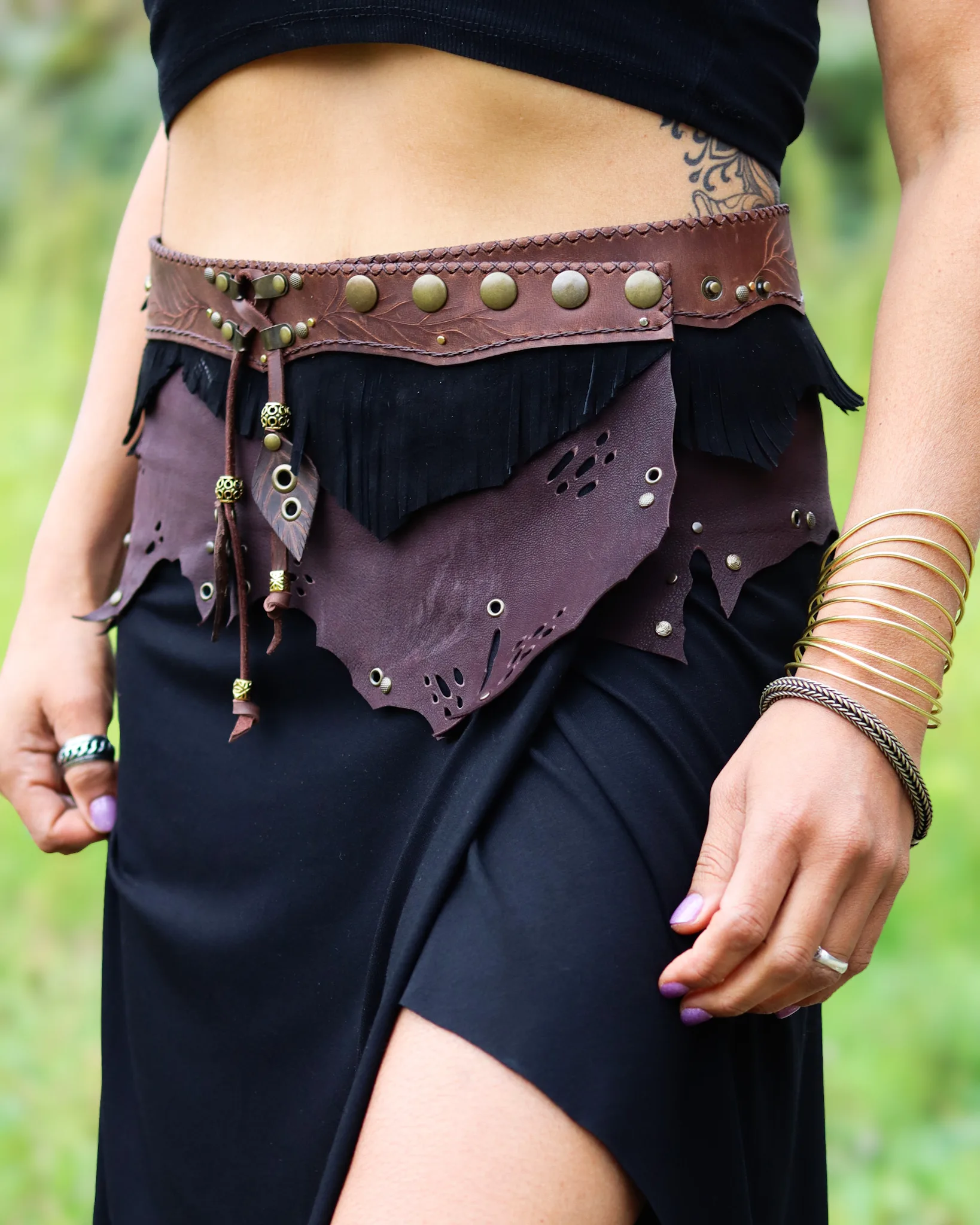 GAIA Belt Skirt handmade layered leather design with Tiger Eye gemstone by Siga Tribal