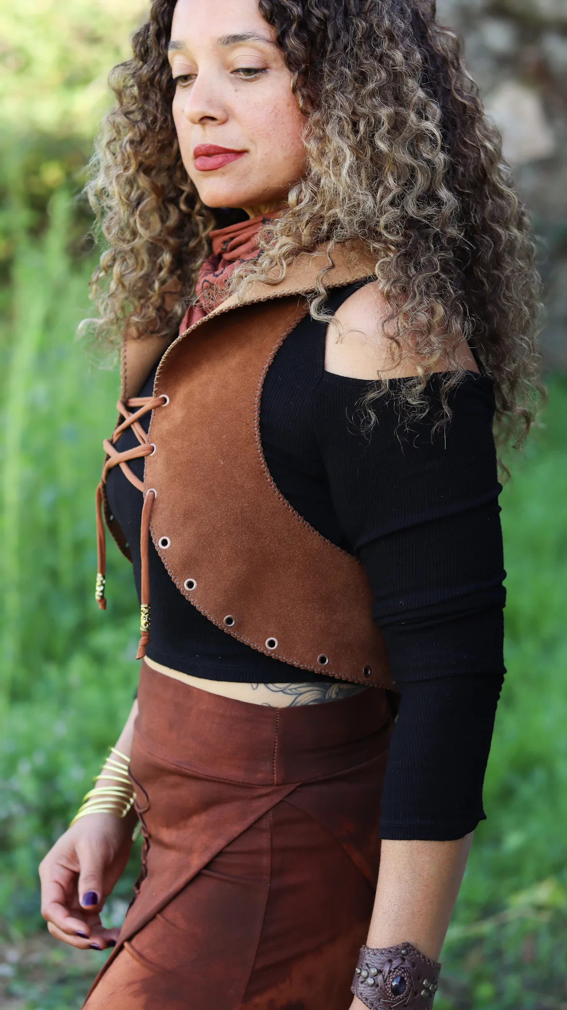 Handmade suede vest with natural agate gemstone centerpiece — Agate Magic Vest by SIGA