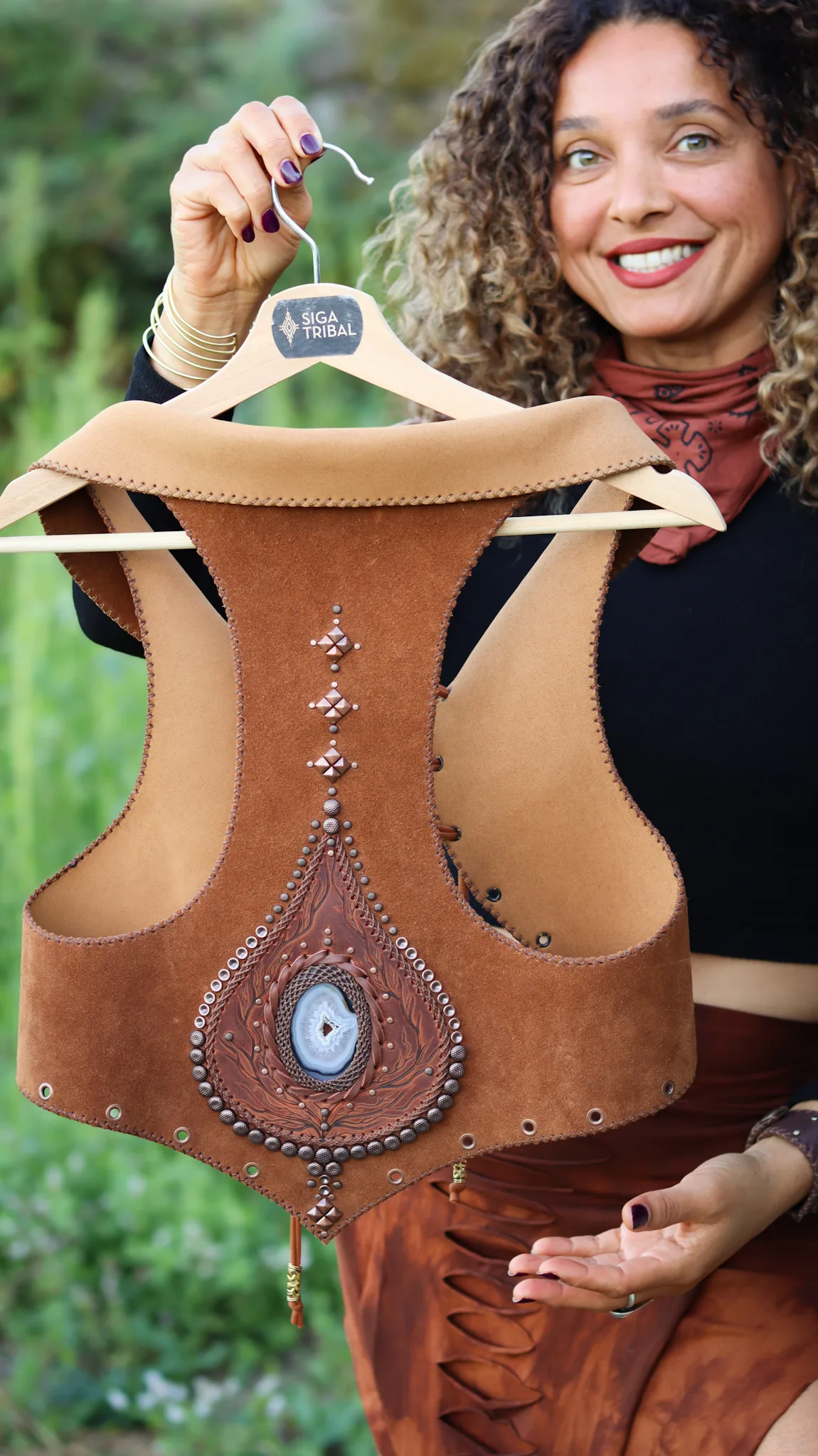 Handmade suede vest with natural agate gemstone centerpiece — Agate Magic Vest by SIGA