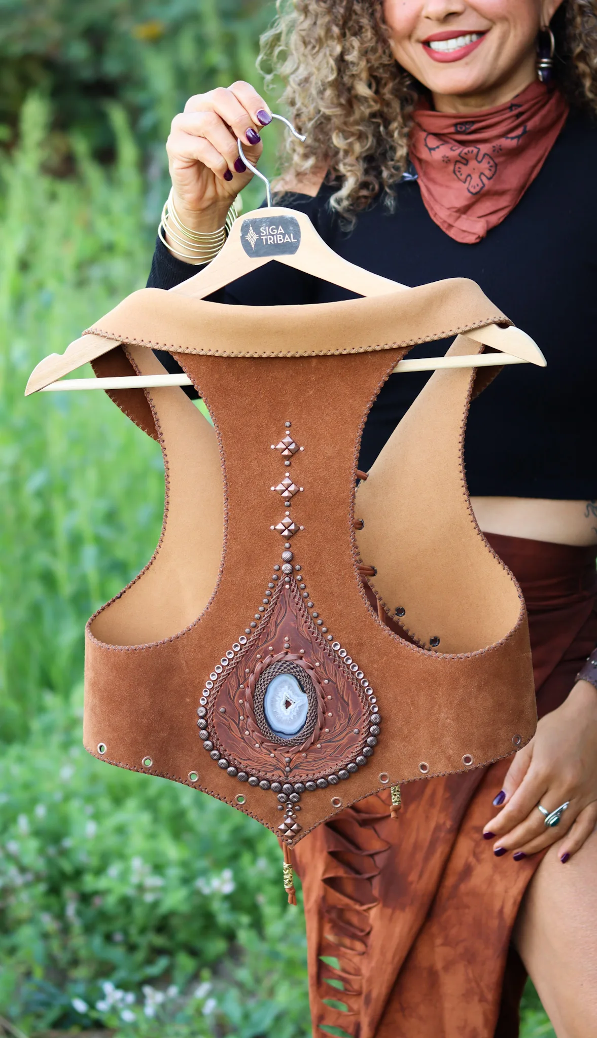 Handmade suede vest with natural agate gemstone centerpiece — Agate Magic Vest by SIGA