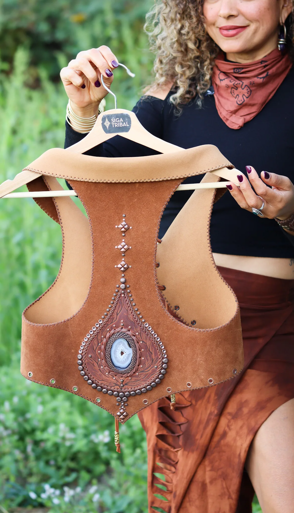 Handmade suede vest with natural agate gemstone centerpiece — Agate Magic Vest by SIGA