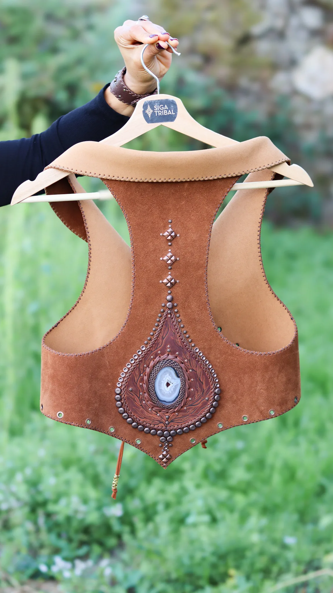 Handmade suede vest with natural agate gemstone centerpiece — Agate Magic Vest by SIGA