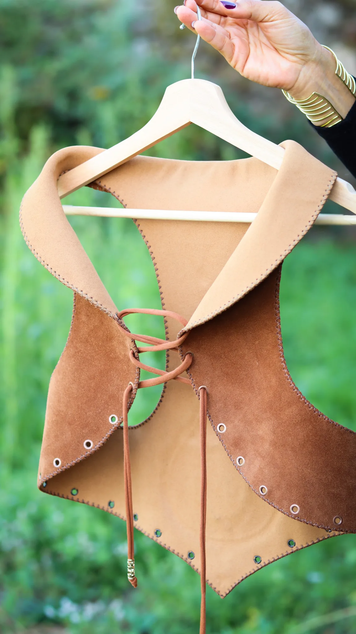 Handmade suede vest with natural agate gemstone centerpiece — Agate Magic Vest by SIGA
