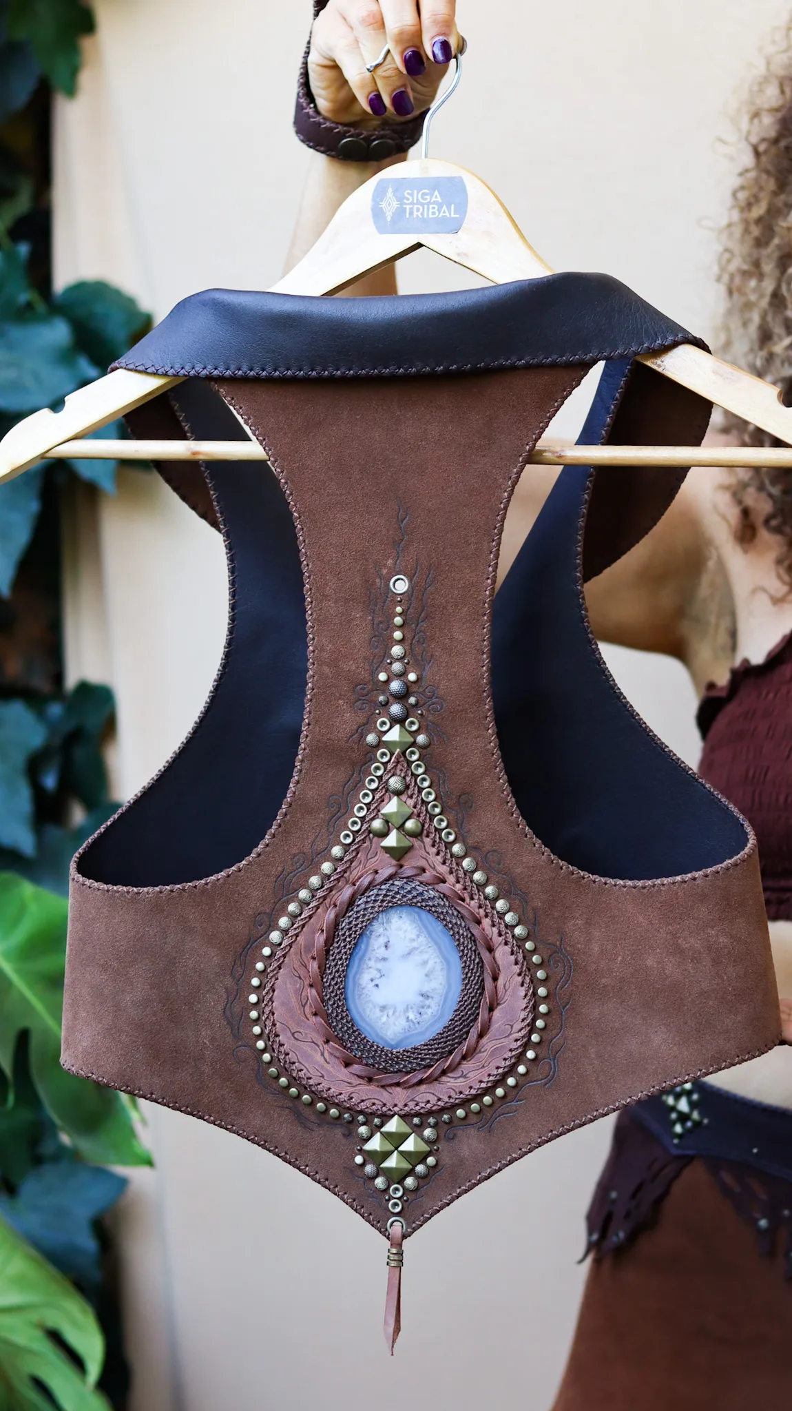 handmade earth-toned brown suede vest with natural agate gemstone and antique gold details by Siga Tribal