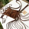 Caramel suede fringe clutch with two removable straps handmade in Portugal