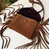 Caramel suede fringe clutch with two removable straps handmade in Portugal