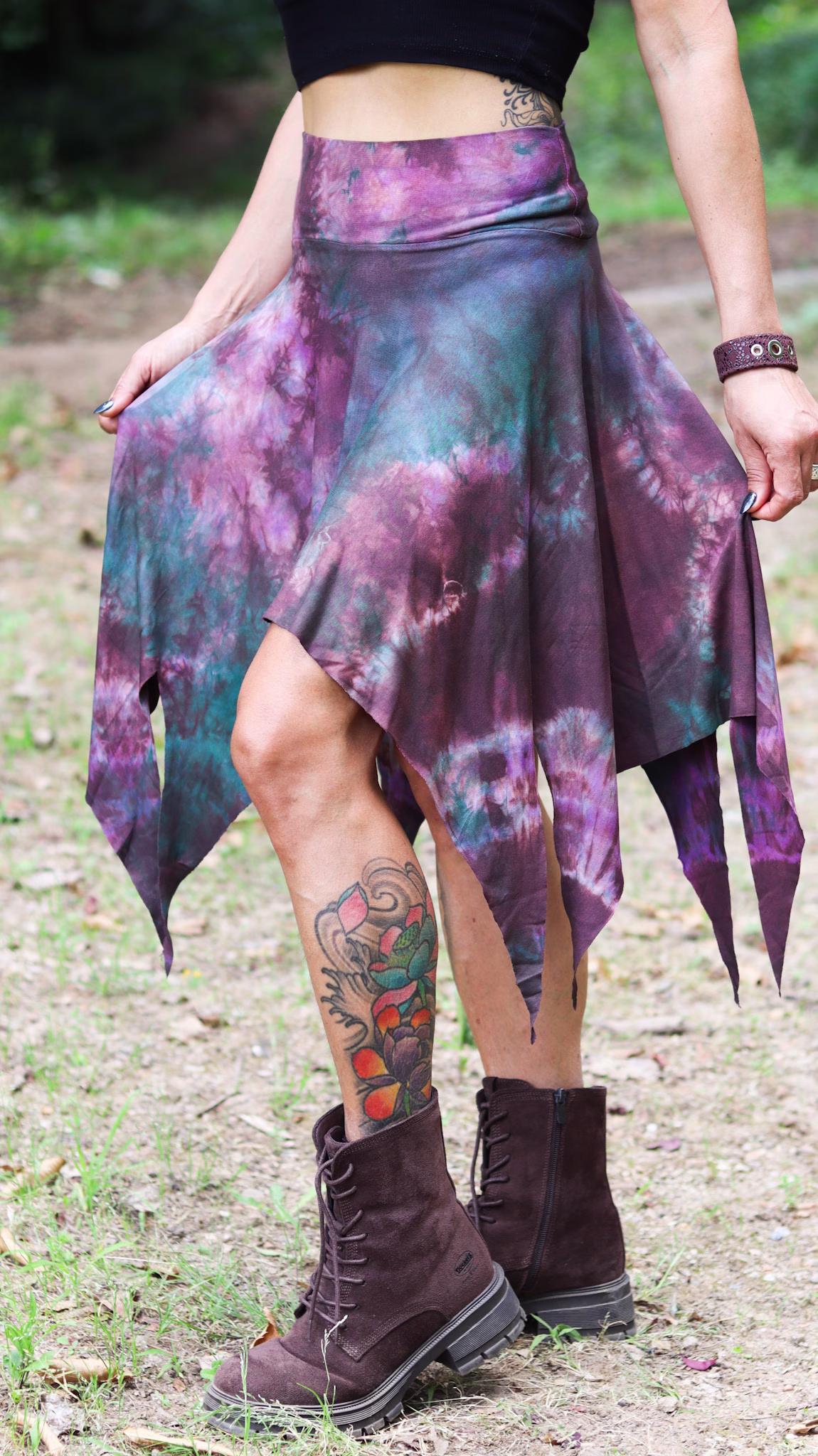 Dusty Plum asymmetrical pixie skirt by SIGA TRIBAL featuring hand-dyed purple and teal tones with flowing pointed hem.