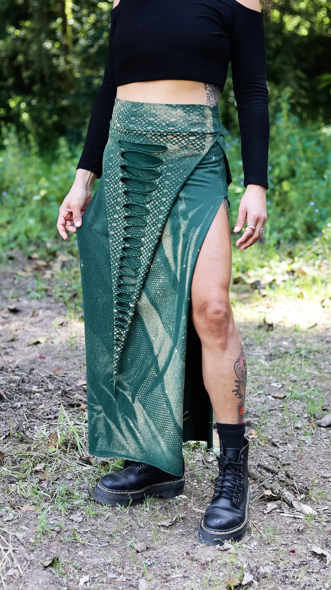 emerald green serpent maxi skirt side slit festival outfit Siga Tribal