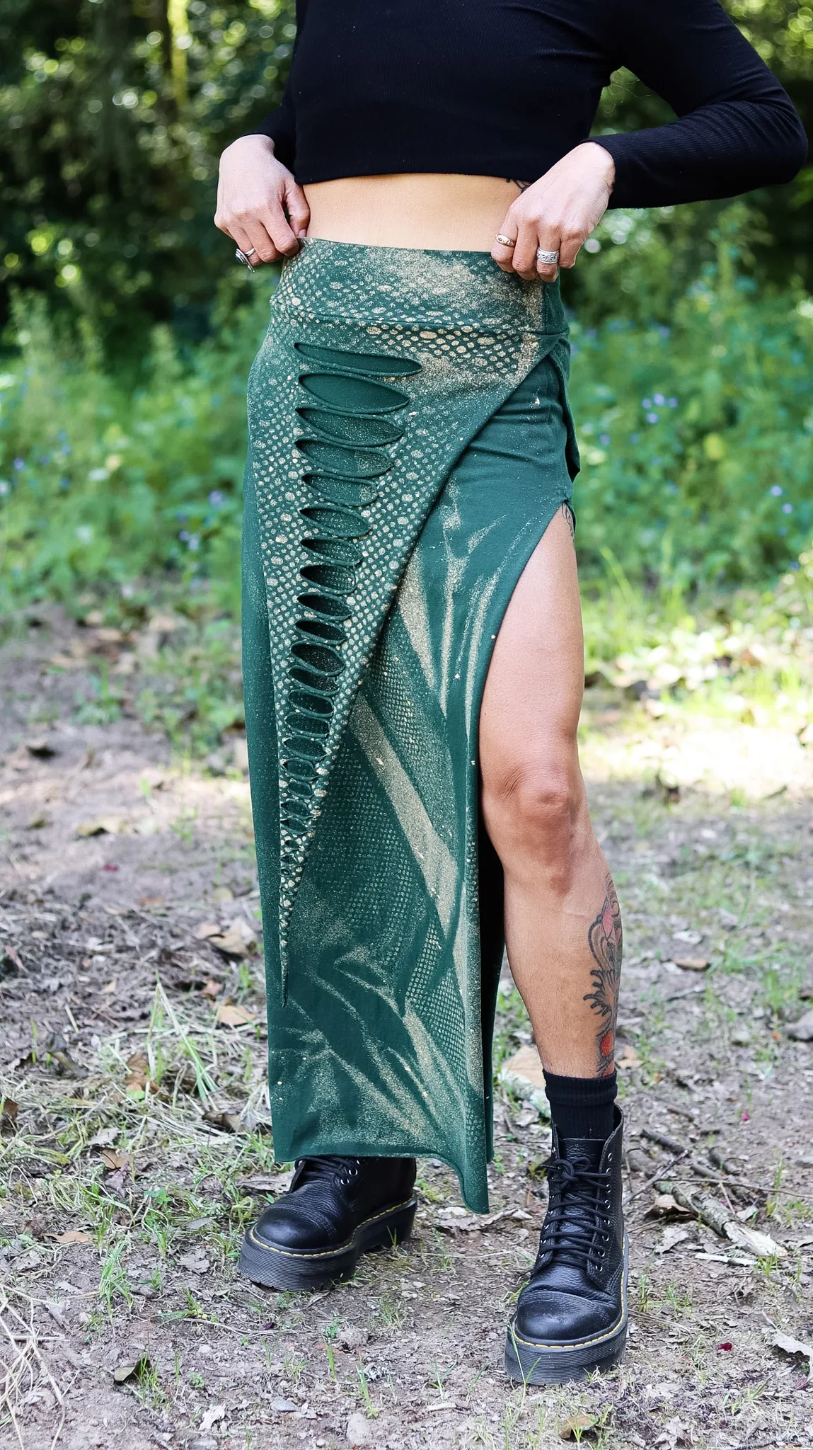 emerald green serpent maxi skirt side slit festival outfit Siga Tribal