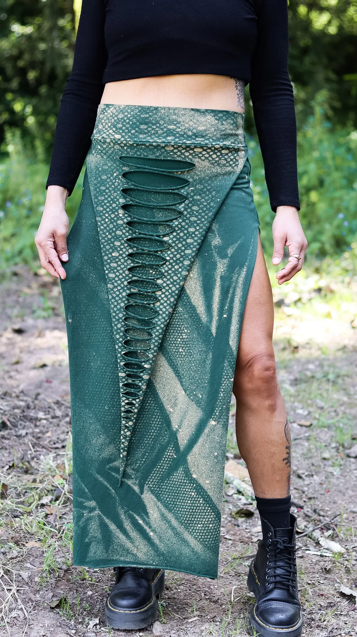emerald green serpent maxi skirt side slit festival outfit Siga Tribal