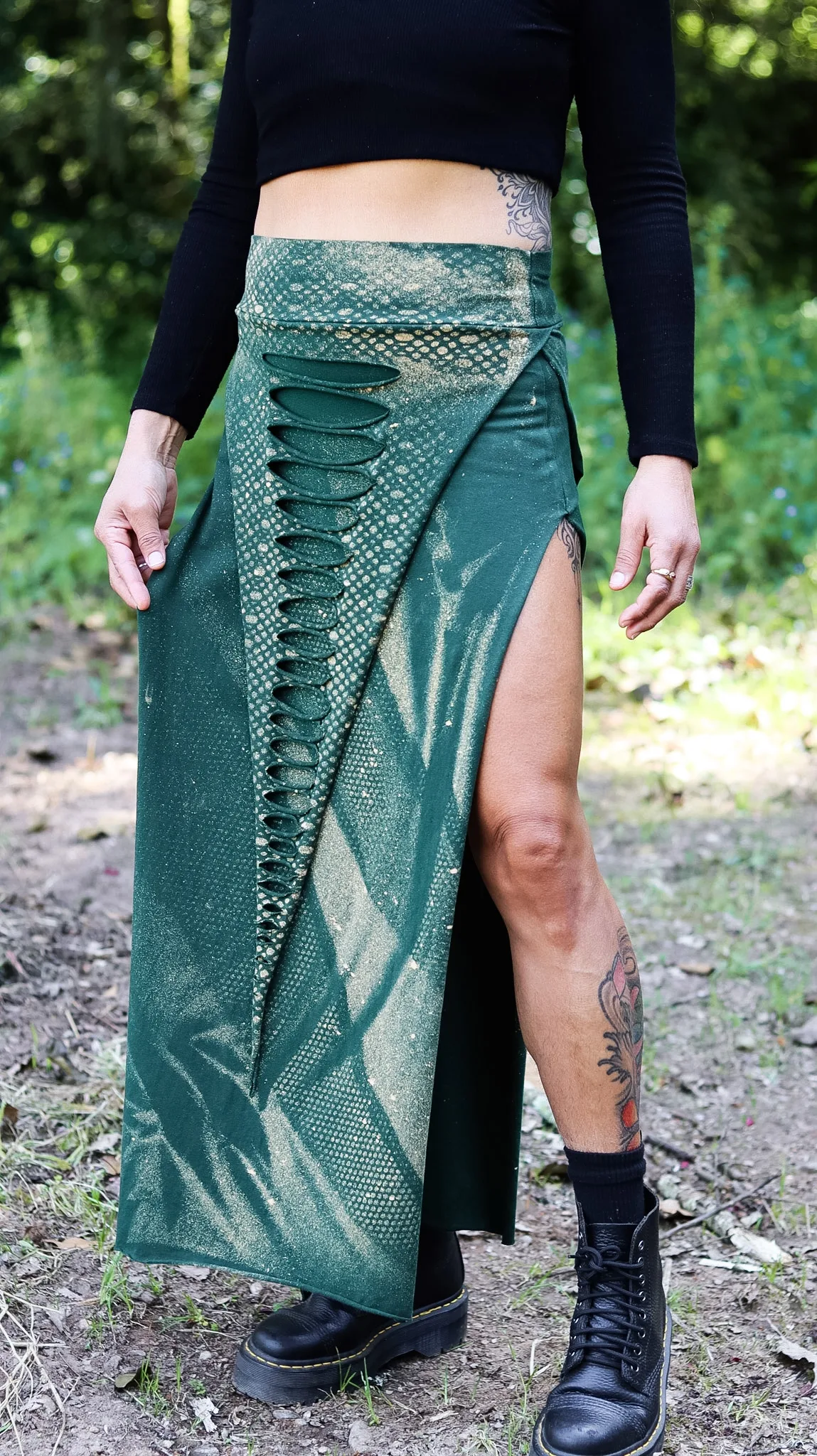 emerald green serpent maxi skirt side slit festival outfit Siga Tribal