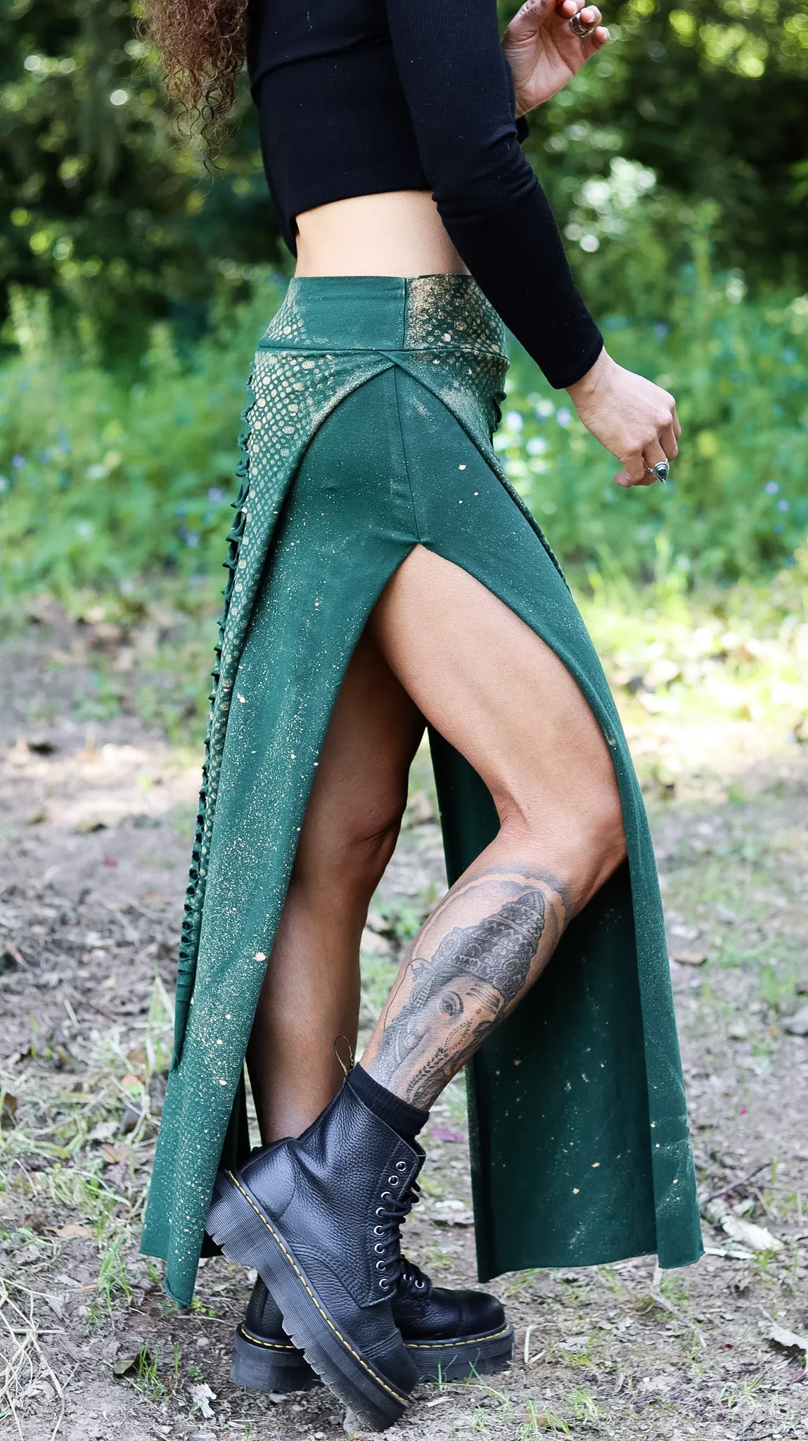 emerald green serpent maxi skirt side slit festival outfit Siga Tribal