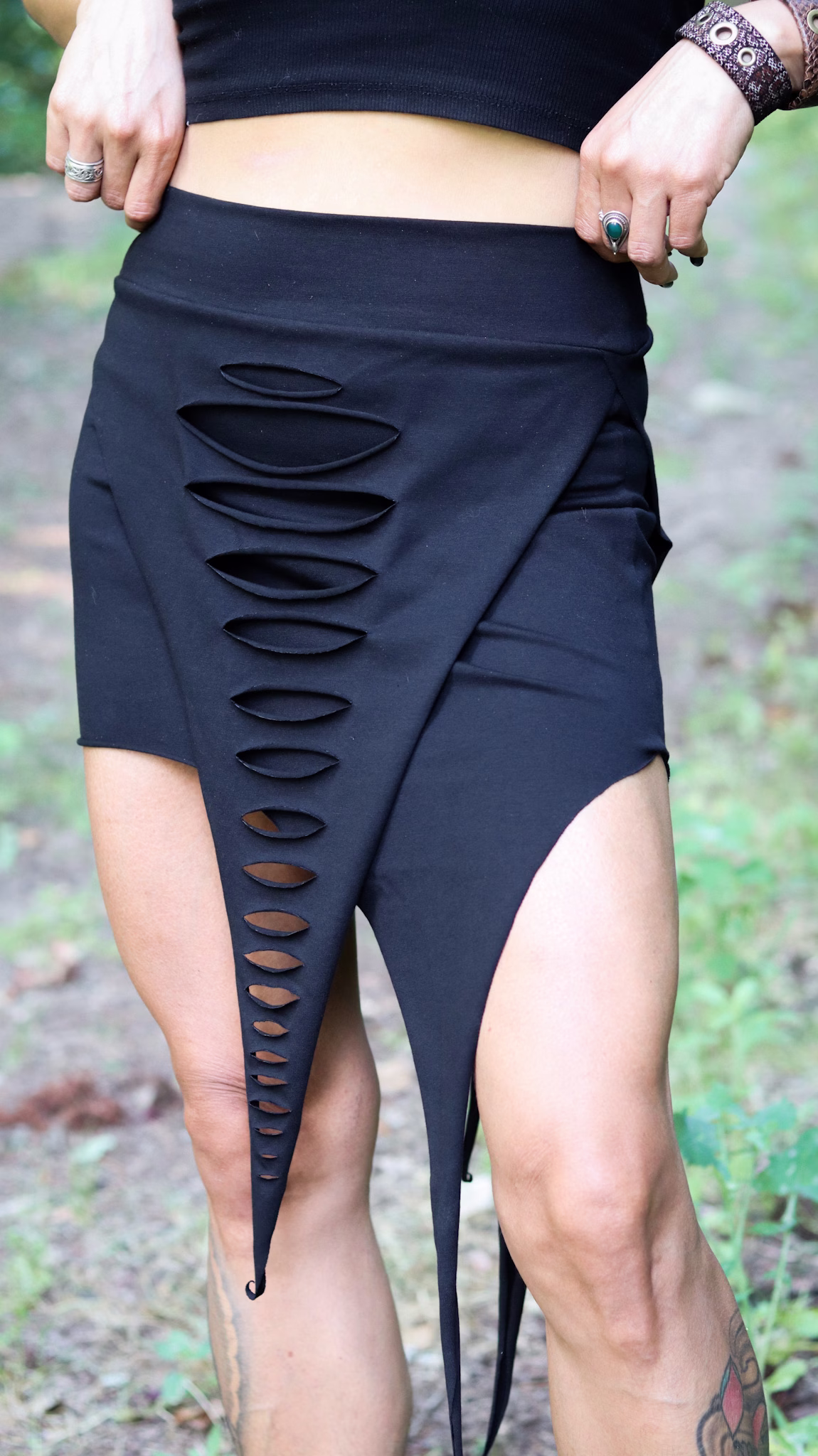EBONY Pixie Skirt featuring handcrafted slash details and asymmetrical silhouette by SIGA TRIBAL