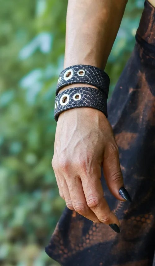 NAYA Cuff by Siga Tribal featuring black reptile texture leather and snap closure