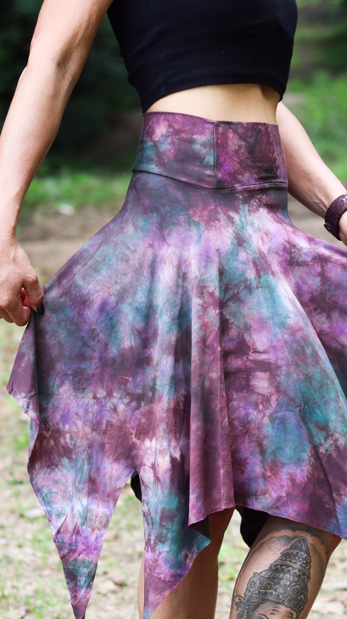 Dusty Plum asymmetrical pixie skirt by SIGA TRIBAL featuring hand-dyed purple and teal tones with flowing pointed hem.