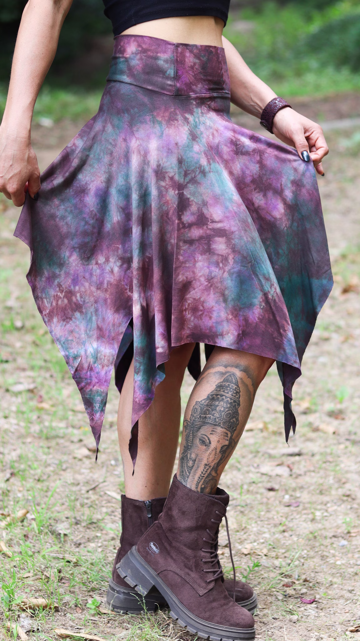 Dusty Plum asymmetrical pixie skirt by SIGA TRIBAL featuring hand-dyed purple and teal tones with flowing pointed hem.