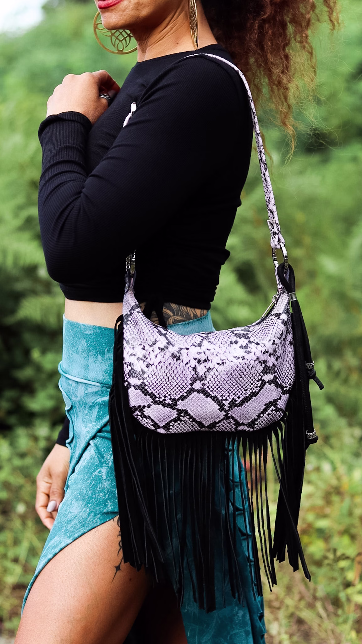 LYRA leather shoulder bag with silver-tone hardware and flowing fringe by SIGA TRIBAL